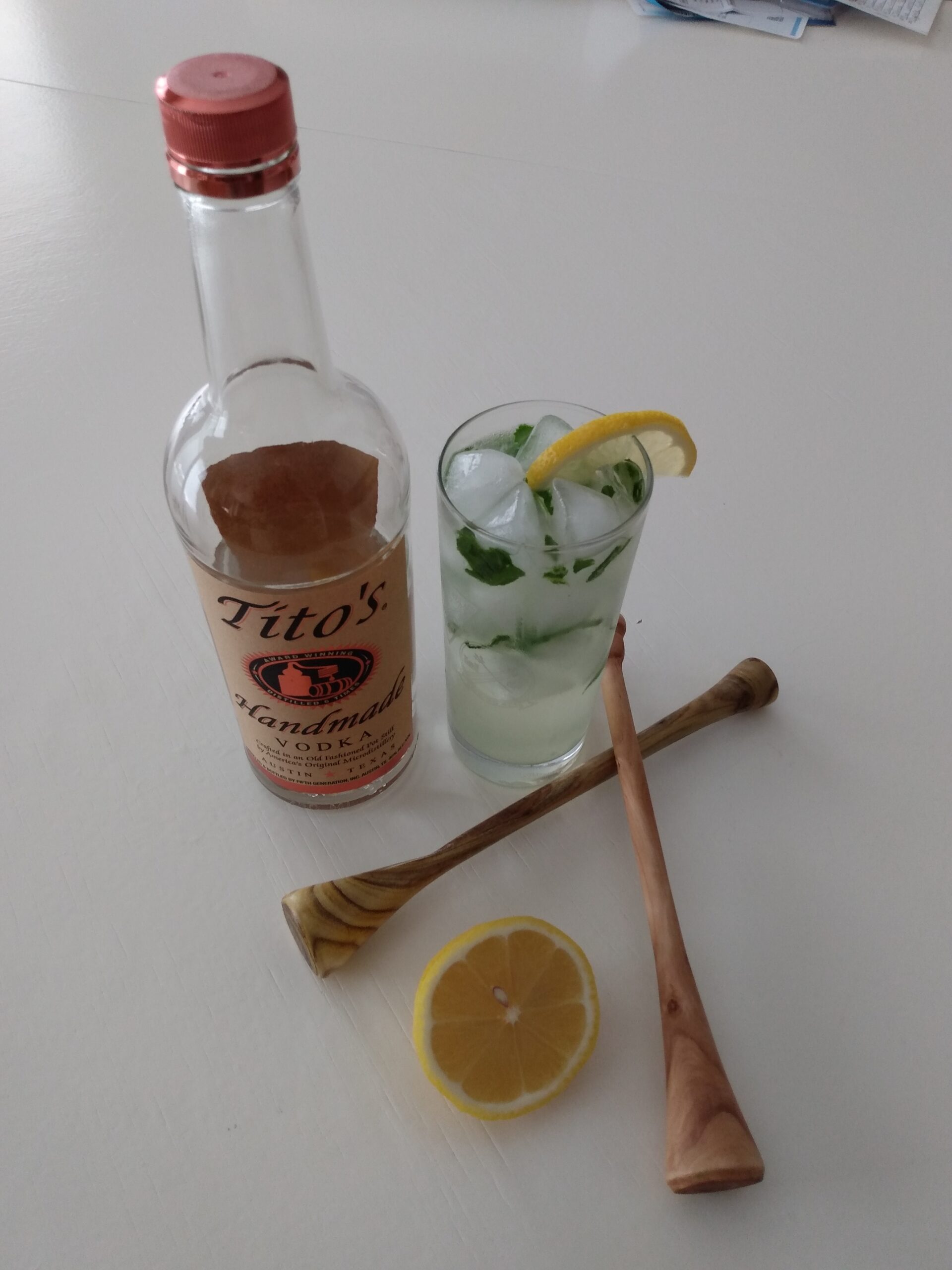 Finished Muddler with Basil Lemon Vodka Cocktail